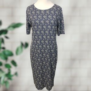 LuLaRoe Julia Fitted Knee Length Dress Blue with Geometric Pattern Size XL